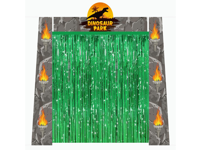 Dinosaur Banner Birthday Party Decorations Supplies Dino Park Door Porch Backdrop and Green Foil Fringe Curtains for Kids Jungle Safari Theme...
