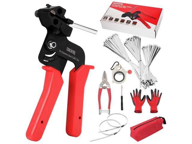 Stainless Steel Cable Tie Gun Set Heavy Duty Metal Zip Tie Tool Kit with 150PCS Self-Locking Ties, Adjustable Fastening & Cutting Tool for Outdoor...