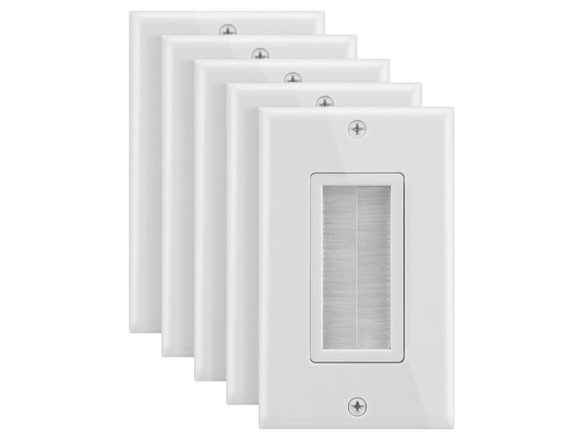 1-Gang Brush Style Passthrough Low Voltage Wall Plate - 5 Pack Single Gang In-Wall Installation Faceplate Insert for Speaker Wires, Coaxial...