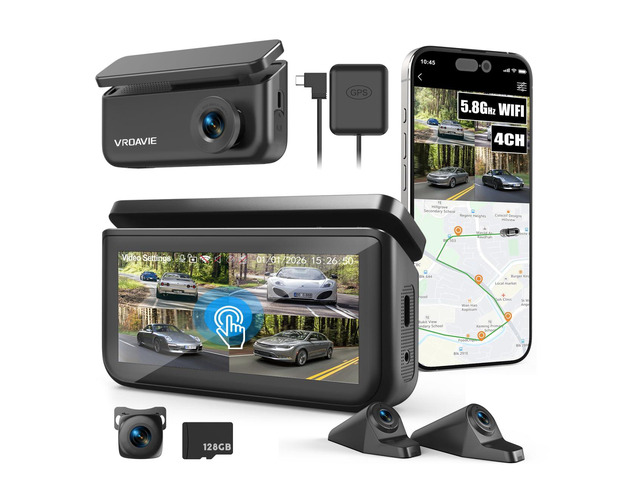 4 Channel 360Â° Dash Cam Detached Side Cameras, 4' Touch Screen Front Rear Left Right Detached Cameras, GPS, 5G WiFi, Night Vision, Parking Mode,...