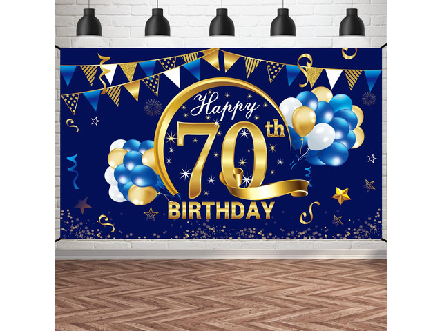 Happy 70th Birthday Banner Decorations for Men, Blue Gold 70 Birthday Backdrop Party Supplies, 70 Year Old Birthday Photo Background Sign