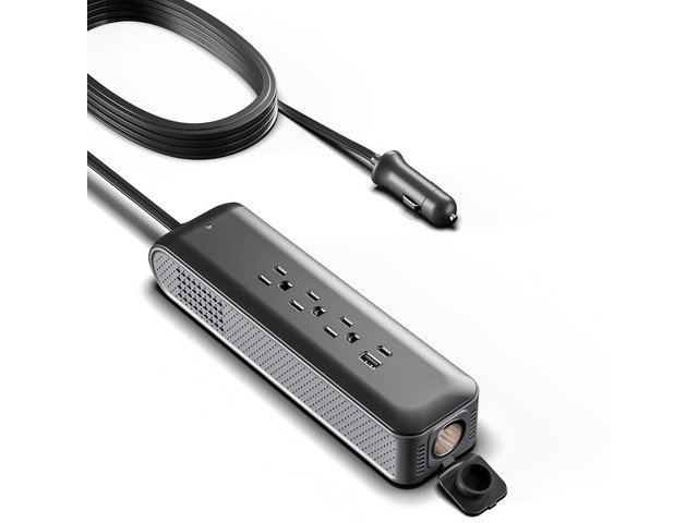 150W Cigarette Lighter Adapter Car Power Inverter DC 12V to 110V AC with 3 AC Outlets, 18W USB-C, USB-A & Extra 12V Socket for Laptop, Phone,...