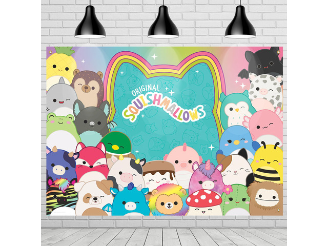 Officially Licensed Squishmallows Party Supplies - 4.3ft Tall x 6ft Wide Backdrop - Squishmallows Birthday Decorations - Silky Fabric Birthday...