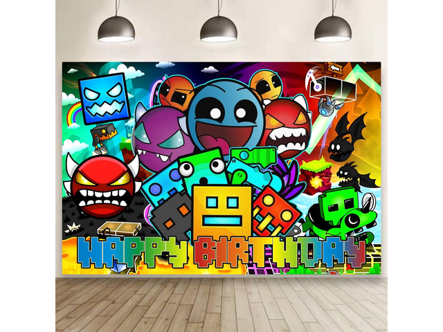 Cartoon Geometry Aesthetic Dash Polyester Backdrop for Birthday Party Decorations, Happy Birthday Banner Background for Dragon Birthday Party...