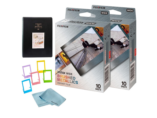 INSTAX Wide Brushed Metallics Instant Film Bundle 20 Exposures + Album, Photo Frames & BluebirdSales Cleaning Cloth
