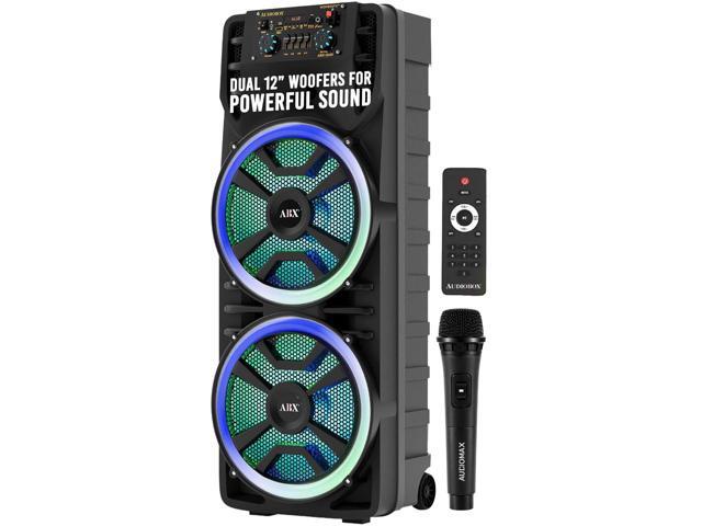 Bluetooth Party Speaker with Wireless Mics, Dual 12' Woofers RGB Party Lights, AUX Input, Rechargeable Battery, Remote Control Included, 37' Tall...