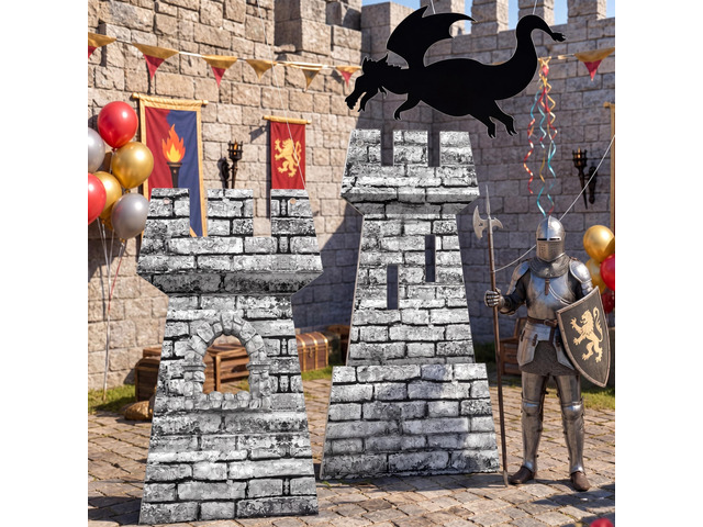 3 Pcs Halloween Medieval Party Decorations Kit 5ft 4ft Medieval Castle Backdrop 15.8 in Dragon Hanging Knight Stone Wall Fort Dragon Party for...