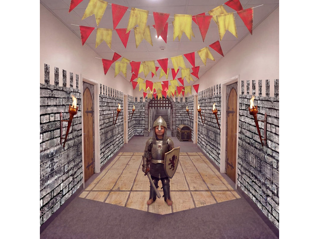 3 Pcs Medieval Party Decorations Kit Castle Classroom Decor 8.2x3.3ft Stone Wall Backdrop 4.86 x 2.33 ft Fence Rug 29.5ft Medieval Banner Hallway...