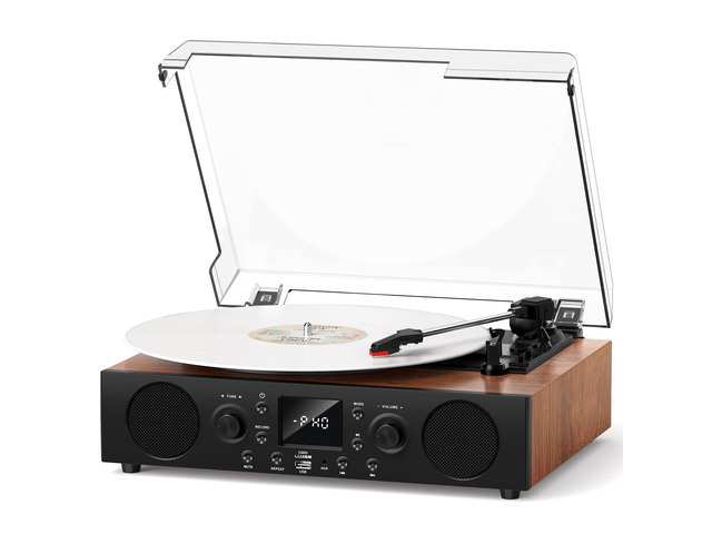 Vintage Record Player with Bluetooth, 3-Speed Belt-Drive Turntable for Vinyl Records, Built-in Stereo Speakers, USB Recording, FM Radio, AUX/TF/USB...