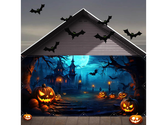 Halloween Decorations Garage Door Cover, Large Hanging Backdrop Door Cover Halloween Garage Wall Decorations for Outdoor Home Yard Garage Door...