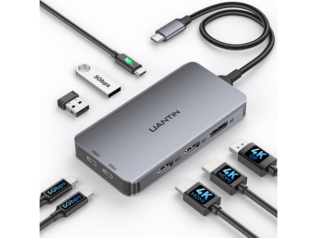 Laptop Docking Station 3 Monitors, 8-in-1 USB C Dock with 2 HDMI, DP USB C Docking Station Dual Monitor with 4K@60Hz HDMI, DisplayPort, USB A &...