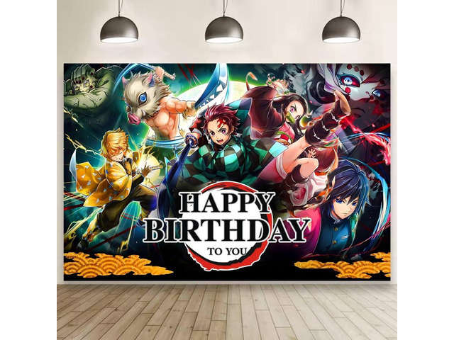Demon Birthday Party Decorations, 5x3ft Happy Birthday Back Drop Banner Theme Backdrop Banner for Slayer Party Decorations Indoor Outdoor