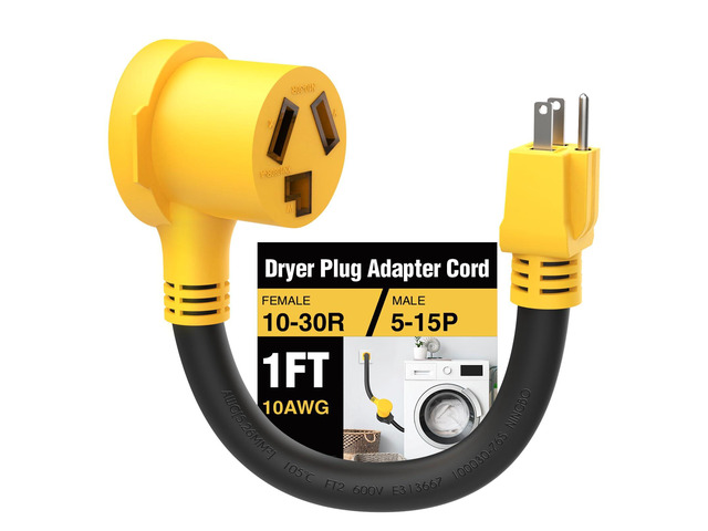 Renters Friendly NEMA 5-15P Household Plug to 10-30R Dryer Adapter Cord 12 Inch Heavy Duty STW 10 Gauge ONLY for 120V Device EV Power Cord
