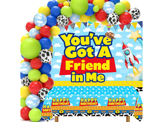 Blue Sky Cartoon Story Birthday Balloons Arch You've Got A Friend in Me Backdrop and Table Cloth for Boys 1st 2nd 3rd 4th 10th Cartoon Story...