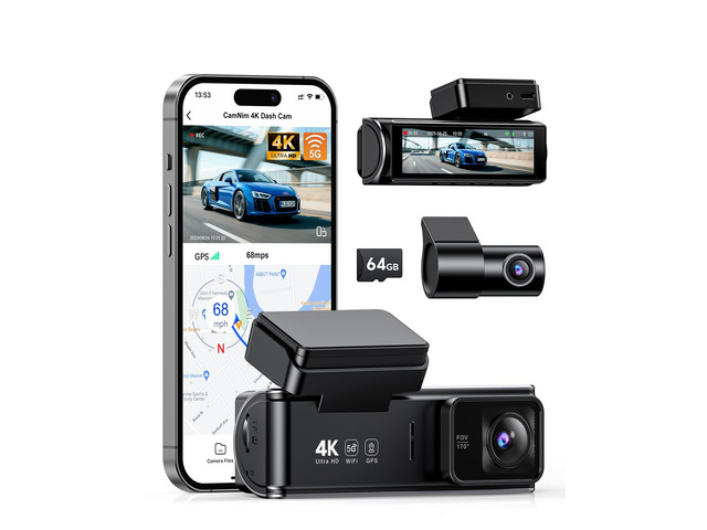 4K+1080P Dash Cam Front and Rear, 5GHz WiFi, GPS, 64GB Card Included 4K front + 1080P rear, dual-band WiFi app control, night vision, G-sensor,...