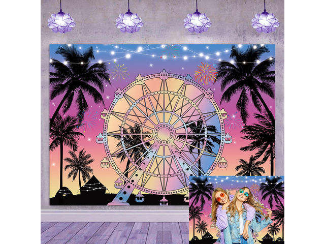Summer Seaside Ferris Wheel Backdrop 7x5ft Tropical Palm Tree Sunset Photography Background Musical Festival Holidays Party Decoration Banner...