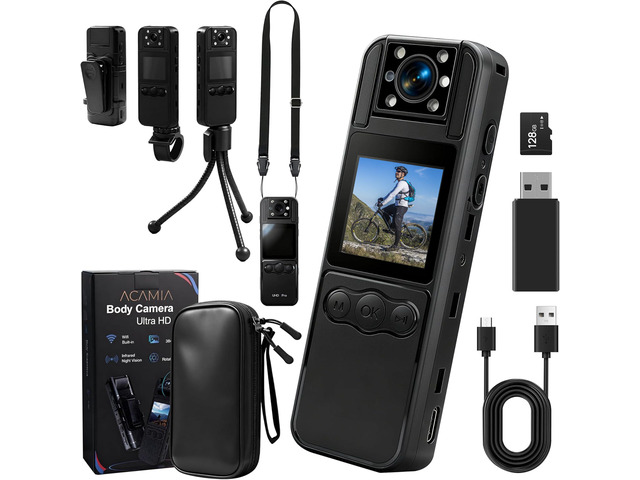 Body Camera with WiFi, 128GB Included, Night Vision, 180Â° Lens, 6Hr Battery, Mini Wearable Cam