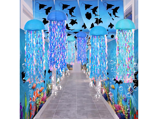 69 Pcs Under The Sea Party Decorations 12 x 2 ft Ocean Classroom Ceiling Decoration Summer Birthday Party Shark Banner Blue Hanging Jellyfish...