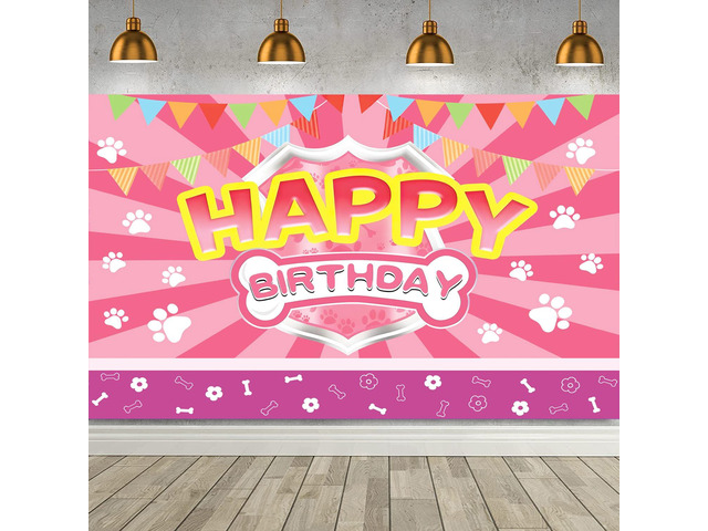 Happy Birthday Banner Pink Paw Prints Backdrop for Girl Birthday Party Paw Birthday Party Decorations for Girls