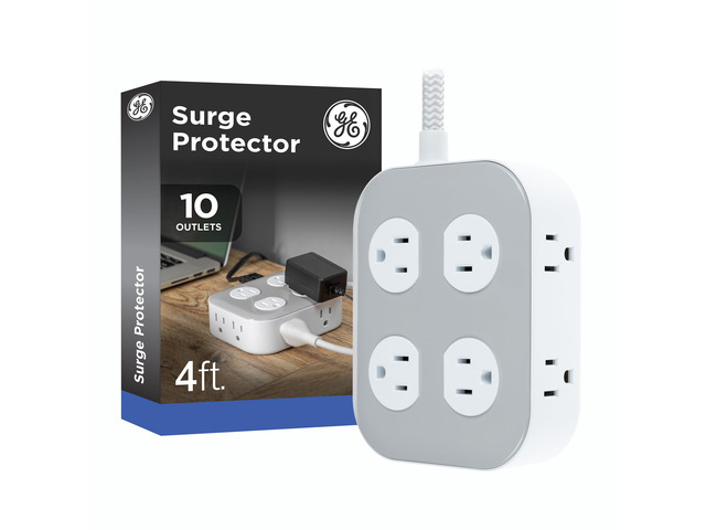 Sur Protector Power Strip, 4 Ft Braided Extension Cord, 10 Outlet Extender (Wide Spaced), 2100 Joules, Flat Plug, ETL Safety Certified, Gray/White,...