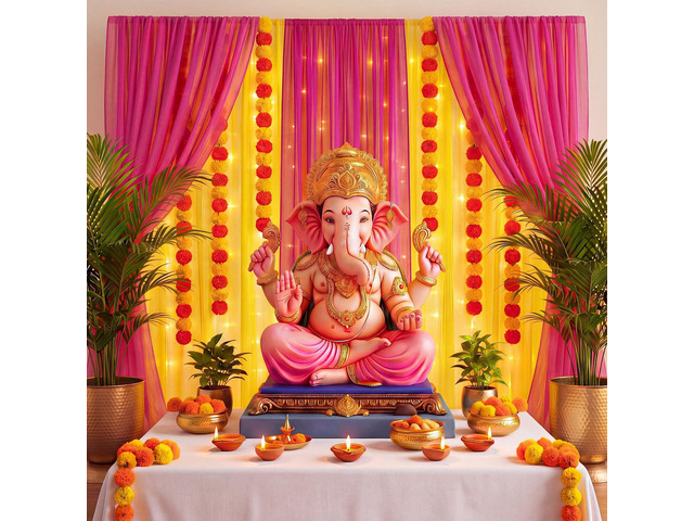 18 Pcs Indian Varalakshmi Pooja Backdrop Decoration Set 6 Yellow Hot Pink Tulle Drapes, 12 Artificial Marigold Garland, Haldi, Mehndi, Ganesh,...