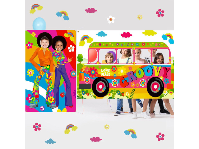 2 Pcs 60's Theme Party Decorations Hippie Bus Photo Prop Hippie Theme Party Backdrop Groovy Selfie Frame Banner for Retro 60s 70s Decor