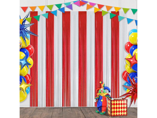 Carnival Circus Theme Red and White Foil Fringe Curtain Backdrop, 2 Pack Carnival Circus Party Decorations Metallic Tinsel Photo Booth Streamers...