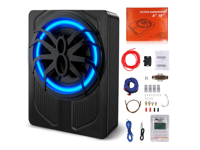 10' 1200W Slim Under Seat Powered Car Subwoofer with Color LED Ambient Light, All-in-One Subwoofer and Amplifier Package for Car Truck SUV Audio...