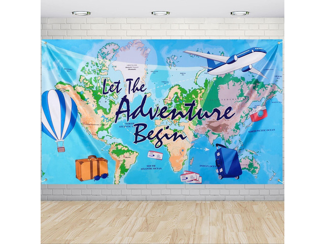 Bon Voyage Travel Backdrop 73'x43' Photo Background Banner Adventure Awaits Around The World, Birthday Party Decorations, Classroom Going Away...