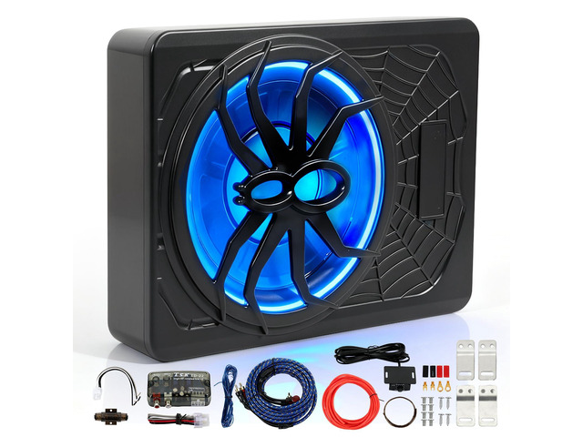 10' Slim Car Subwoofer 1200W Underseat Powered Subwoofer Car Audio Subs for Trucks Active Bass Speaker for Car Built-in Amplifier with Blue LED...
