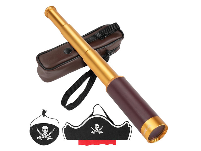 25X30 Pirate Telescope Spyglass with Hat & Eye Mask for Kid Monocular Costume Retro Collapsible Zoomable Brass Captain Spyglass, FMC Lens Costume...