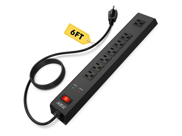 7 Outlet Metal Long Power Strip with Overload Protection 6ft Cord, Black Mounted Industrial Power Strip with 1500J Surge Protection, Wall for...