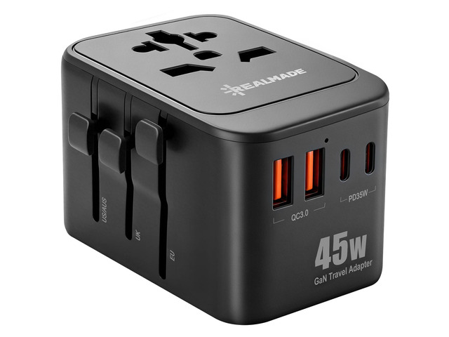 45W GaN PD Travel Adapter 5-Port EU UK US AU Plug Black All-in-one international power adapter, travel essential for US EU UK overseas trips