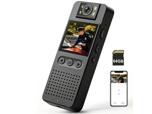 Body Camera with Audio and Video Recording: 64GB Body Cam WiFi Supports, 180° Rotating Lens, 1080P, Night Vision, 7Hr Battery Bodycam, Wearable...