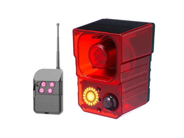 Solar Outdoor Motion Sensor Alarm - Noise maker129dB Alarm, Recording, Siren, Dog Bark & Gunshot. with Remote, Wide-Angle Sensing. Fit...