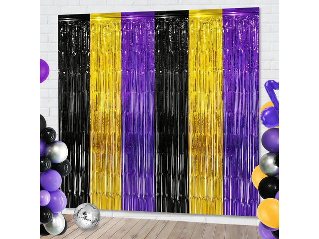 Purple Gold Black Foil Fringe Curtains Birthday Party Decorations, 2 Pack 3.28 x 6.56 Ft Purple Gold Black Tinsel Streamer Backdrop Photo Booth...