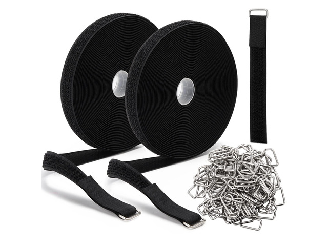 65 Ft x 3/4 Inch Hook and Loop Straps with 100 Metal Buckles, Nylon Fastening Cable Ties Adjustable Cinch Strap, Cut-to-Length, Black