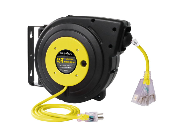 45 Ft Retractable Extension Cord Reel, 12 AWG/3C SJTOW Heavy Duty Power Cord with 3 Electrical Outlets, 15 AMP Circuit Breaker, Lighted Triple Tap,...