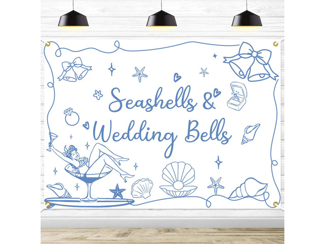 Seashells & Wedding Bells Backdrop Banner - Coastal Bachelorette Party Decorations, Coastal Wedding Party Photo Backdrop, Beach Theme Bachelorette...