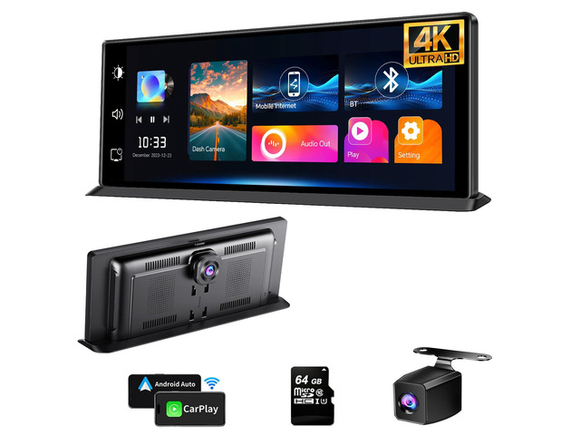K2 PRO 11.3'' Wireless CarPlay Screen 4K Dash Cam Portable Android Auto Car Stereo Video Recording, Car Audio Receivers 1080P Backup Camera, Bt/GPS...