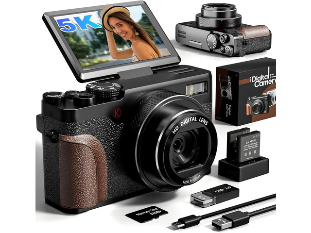5K 64MP Digital Camera for Photography & YouTube Vlogging - 18X Zoom UHD Autofocus Video Camera with 3' 180Â° Flip Screen, 64GB TF Card & 2...