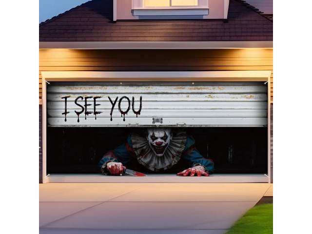Halloween Garage Door Cover Decoration, Clown I See You, 7 x 16 ft Creepy Clown Design, Easy-install Door Decoration for Outdoor Haunted Party,...