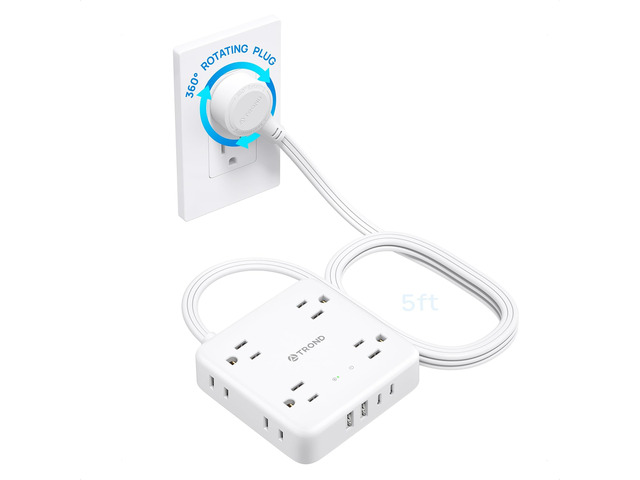 360° Rotating Flat Plug Power Strip 5ft, 8 AC & 4 USB (2U2C), White Flat Extension Cord 1625W, 1440J Surge Protector with USB Ports, Wall...