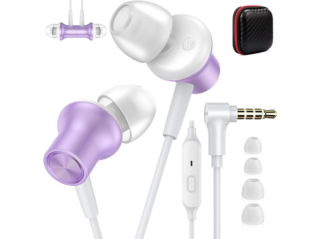 3.5mm Headphones Wired Earbuds for Chromebook Laptop PC, Purple Noise Isolating Ear Buds Wired Plug in Audio Jack Mic/Mute HiFi Stereo Headphone...