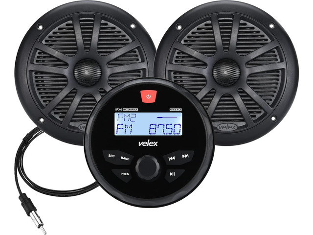 Marine Stereo Speaker Package Bluetooth, MP3 USB AM FM Marine Stereo - 2 x 6.5 Inch Black Speakers, Antenna