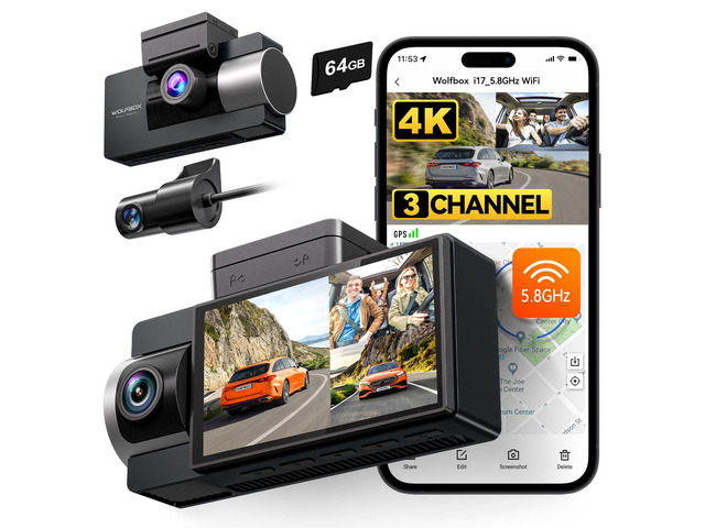 i17 4K 3 Channel Dash Cam Built-in 5.8GHz WiFi with 64GB Card, 4K+1080P+1080P Dash Cam Front and Rear Inside, Triple Car Camera with 3 Inch Screen,...