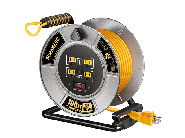 Retractable Extension Cord Reel 100 Ft, Metal Steel Cable Drum 4 Grounded Outlets, USB-A & USB-C Port, 13A Circuit Breaker, Hand Crank 14 AWG...