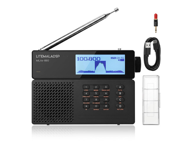 MLite-880 SDR Shortwave Radio Receiver with Aviation Band 5000mAh battery, SSB/LSB/USB/CW modes, DSP noise reduction, waterfall spectrum display