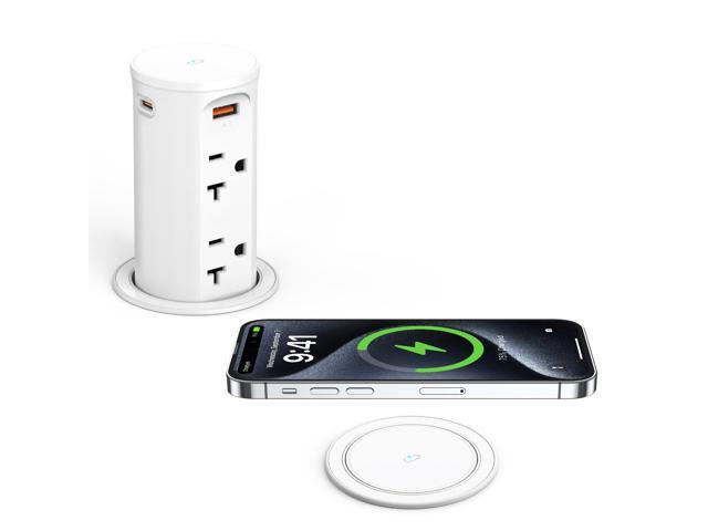 20Amp Pop Up Outlet for Countertop,15W Wireless Charging Pad,20W USB C,2.5-Inch Hole,4 Outlets,Space Saver for Desk,2500W 12 AWG Power Cord,ETL...