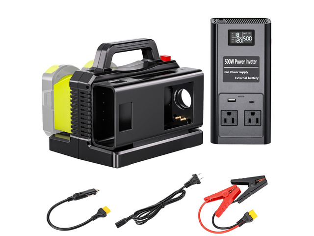 Pure Sine Wave Inverter Compatible with Ryobi 18V Battery, 2 in 1 500W 2 Port Power Inverter Battery Charger Generator DC 20V to AC* 2 Outlets,...